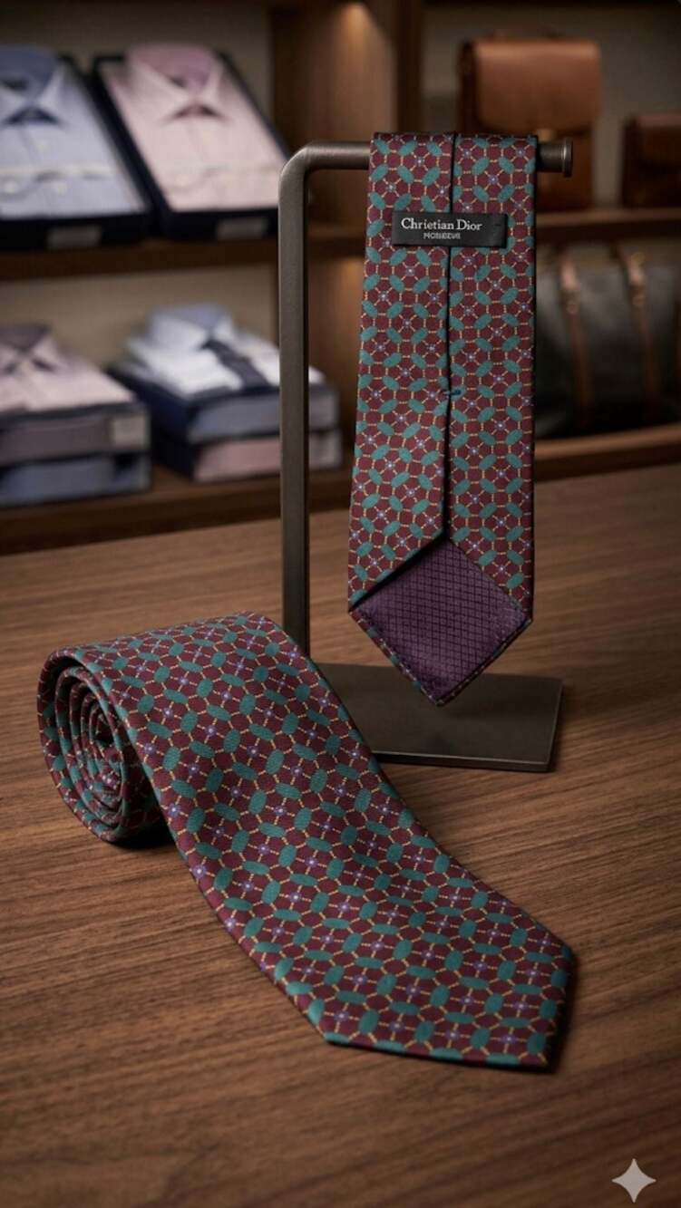 Christian Dior Monsieur Vintage Silk Geometric Pattern Tie Burgundy Teal